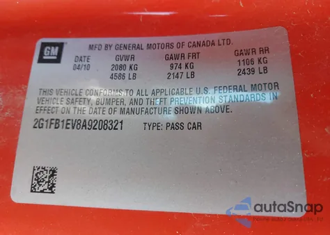 2010 Chevrolet Camaro 1Lt from USA, damaged, VIN 2G1FB1EV8A9208321